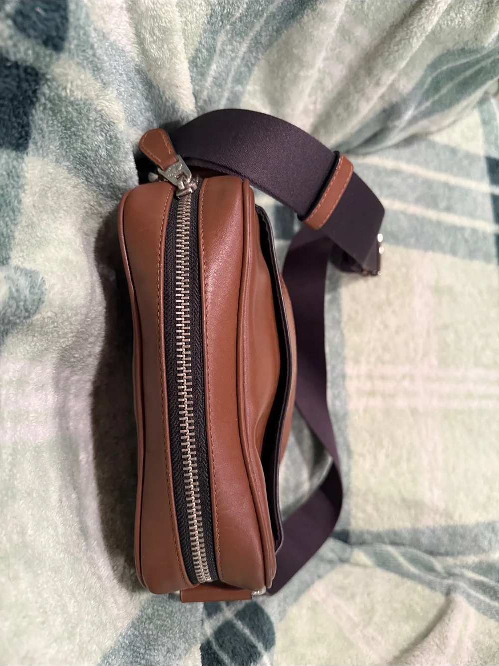Coach Men’s Brown Embossed Signature Leather Messenger Bag with Navy Strap